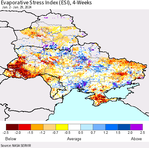 Ukraine, Moldova and Belarus Evaporative Stress Index (ESI), 4-Weeks Thematic Map For 1/29/2024 - 2/4/2024
