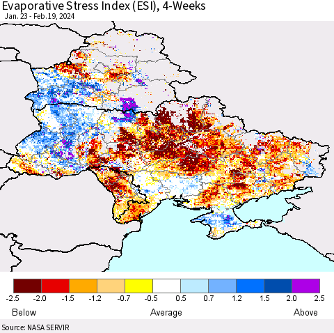 Ukraine, Moldova and Belarus Evaporative Stress Index (ESI), 4-Weeks Thematic Map For 2/19/2024 - 2/25/2024