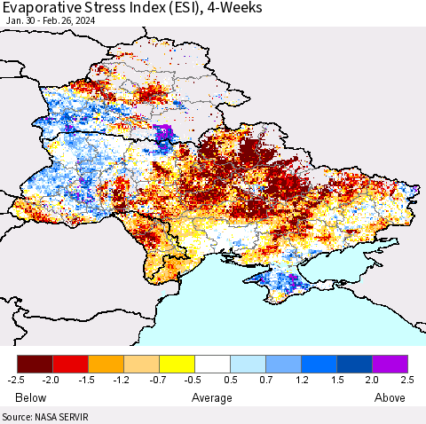 Ukraine, Moldova and Belarus Evaporative Stress Index (ESI), 4-Weeks Thematic Map For 2/26/2024 - 3/3/2024
