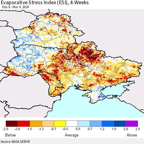Ukraine, Moldova and Belarus Evaporative Stress Index (ESI), 4-Weeks Thematic Map For 3/4/2024 - 3/10/2024
