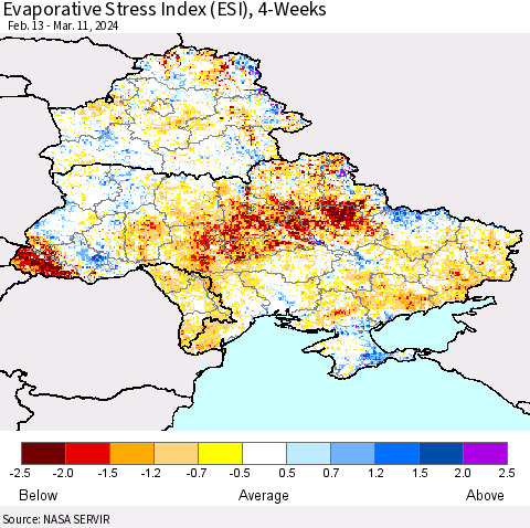 Ukraine, Moldova and Belarus Evaporative Stress Index (ESI), 4-Weeks Thematic Map For 3/11/2024 - 3/17/2024