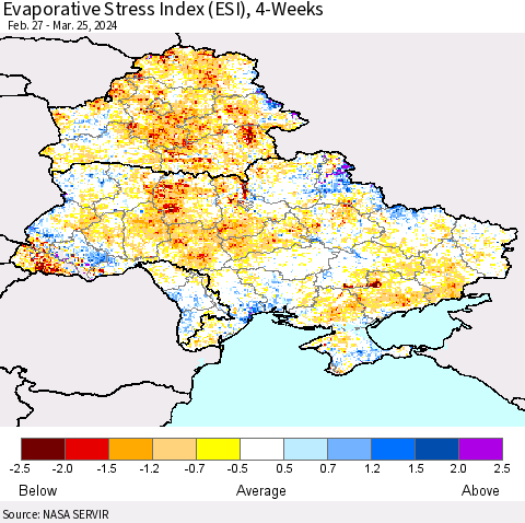 Ukraine, Moldova and Belarus Evaporative Stress Index (ESI), 4-Weeks Thematic Map For 3/25/2024 - 3/31/2024