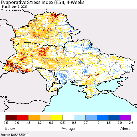 Ukraine, Moldova and Belarus Evaporative Stress Index (ESI), 4-Weeks Thematic Map For 4/1/2024 - 4/7/2024