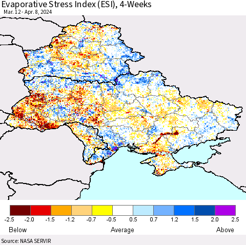 Ukraine, Moldova and Belarus Evaporative Stress Index (ESI), 4-Weeks Thematic Map For 4/8/2024 - 4/14/2024