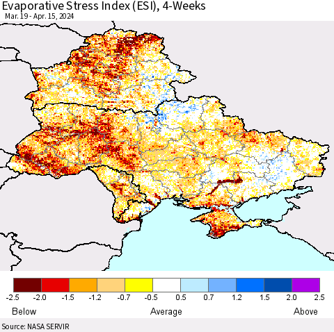 Ukraine, Moldova and Belarus Evaporative Stress Index (ESI), 4-Weeks Thematic Map For 4/15/2024 - 4/21/2024
