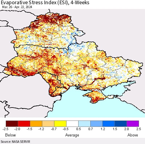 Ukraine, Moldova and Belarus Evaporative Stress Index (ESI), 4-Weeks Thematic Map For 4/22/2024 - 4/28/2024