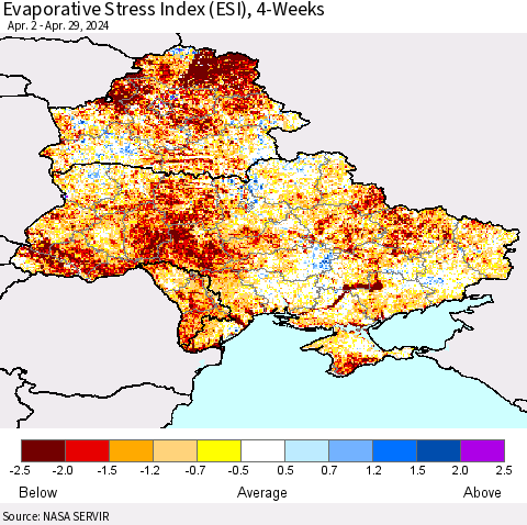 Ukraine, Moldova and Belarus Evaporative Stress Index (ESI), 4-Weeks Thematic Map For 4/29/2024 - 5/5/2024