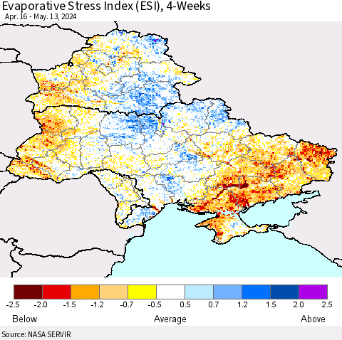 Ukraine, Moldova and Belarus Evaporative Stress Index (ESI), 4-Weeks Thematic Map For 5/13/2024 - 5/19/2024