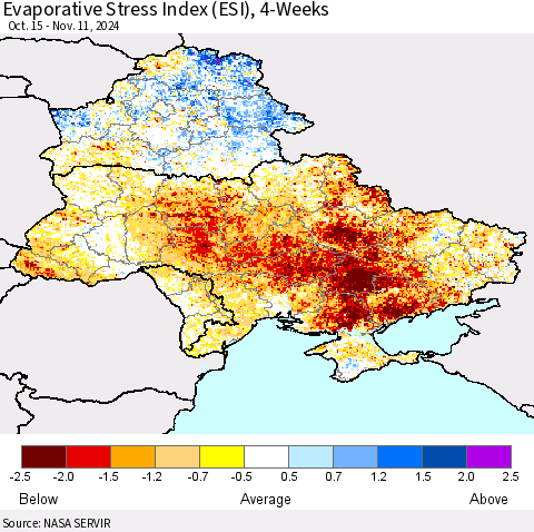 Ukraine, Moldova and Belarus Evaporative Stress Index (ESI), 4-Weeks Thematic Map For 11/11/2024 - 11/17/2024