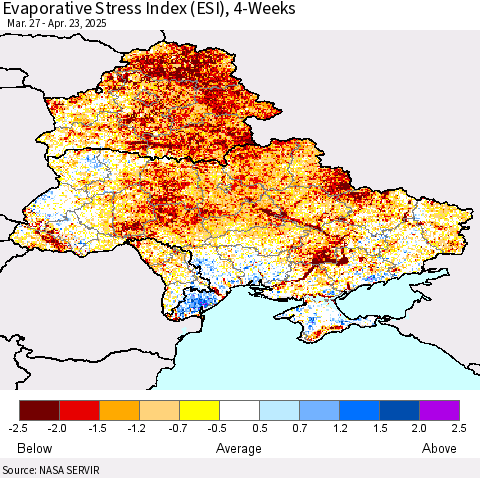 Ukraine, Moldova and Belarus Evaporative Stress Index (ESI), 4-Weeks Thematic Map For 4/21/2025 - 4/27/2025