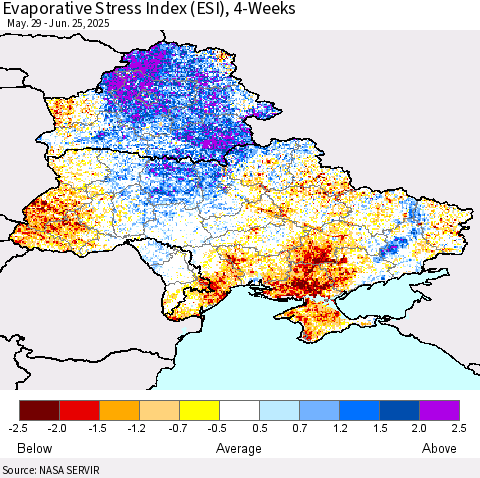 Ukraine, Moldova and Belarus Evaporative Stress Index (ESI), 4-Weeks Thematic Map For 6/23/2025 - 6/29/2025