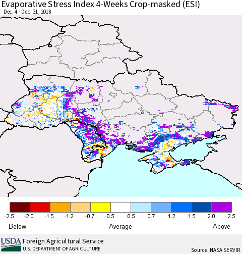 Ukraine, Moldova and Belarus Evaporative Stress Index (ESI), 4-Weeks over Croplands Thematic Map For 12/31/2018 - 1/6/2019