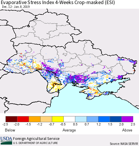 Ukraine, Moldova and Belarus Evaporative Stress Index (ESI), 4-Weeks over Croplands Thematic Map For 1/7/2019 - 1/13/2019