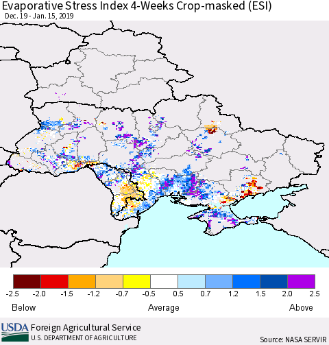 Ukraine, Moldova and Belarus Evaporative Stress Index (ESI), 4-Weeks over Croplands Thematic Map For 1/14/2019 - 1/20/2019