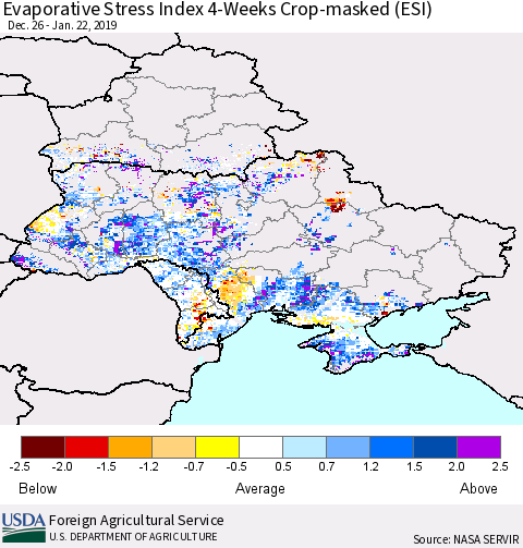 Ukraine, Moldova and Belarus Evaporative Stress Index (ESI), 4-Weeks over Croplands Thematic Map For 1/21/2019 - 1/27/2019