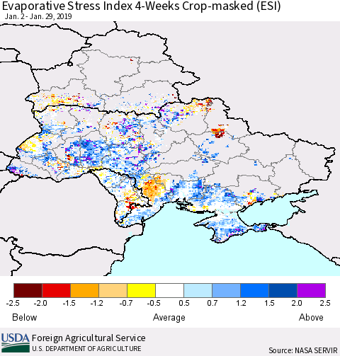 Ukraine, Moldova and Belarus Evaporative Stress Index (ESI), 4-Weeks over Croplands Thematic Map For 1/28/2019 - 2/3/2019