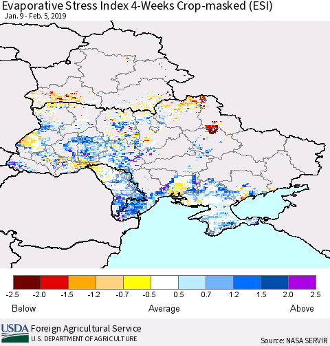 Ukraine, Moldova and Belarus Evaporative Stress Index (ESI), 4-Weeks over Croplands Thematic Map For 2/4/2019 - 2/10/2019