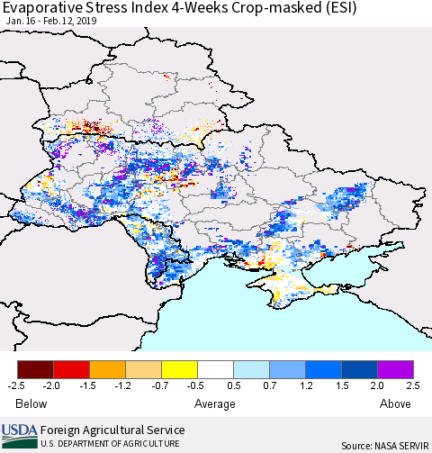 Ukraine, Moldova and Belarus Evaporative Stress Index (ESI), 4-Weeks over Croplands Thematic Map For 2/11/2019 - 2/17/2019