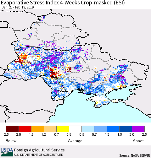 Ukraine, Moldova and Belarus Evaporative Stress Index (ESI), 4-Weeks over Croplands Thematic Map For 2/18/2019 - 2/24/2019