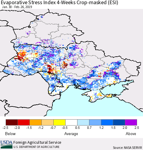 Ukraine, Moldova and Belarus Evaporative Stress Index (ESI), 4-Weeks over Croplands Thematic Map For 2/25/2019 - 3/3/2019