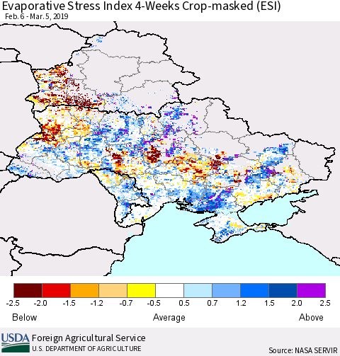 Ukraine, Moldova and Belarus Evaporative Stress Index (ESI), 4-Weeks over Croplands Thematic Map For 3/4/2019 - 3/10/2019