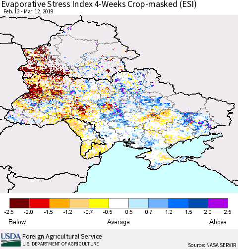 Ukraine, Moldova and Belarus Evaporative Stress Index (ESI), 4-Weeks over Croplands Thematic Map For 3/11/2019 - 3/17/2019