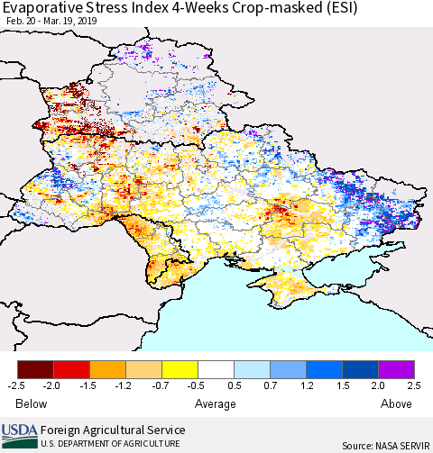 Ukraine, Moldova and Belarus Evaporative Stress Index (ESI), 4-Weeks over Croplands Thematic Map For 3/18/2019 - 3/24/2019