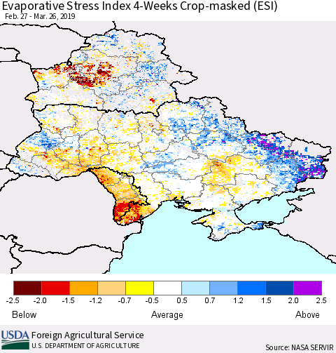 Ukraine, Moldova and Belarus Evaporative Stress Index (ESI), 4-Weeks over Croplands Thematic Map For 3/25/2019 - 3/31/2019