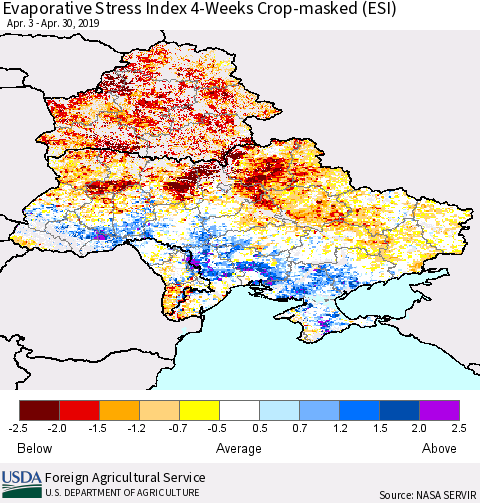 Ukraine, Moldova and Belarus Evaporative Stress Index (ESI), 4-Weeks over Croplands Thematic Map For 4/29/2019 - 5/5/2019