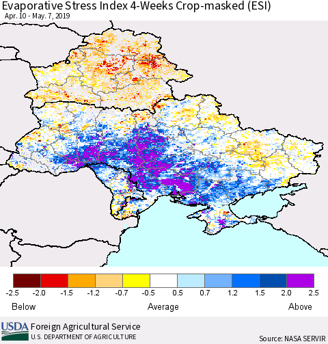 Ukraine, Moldova and Belarus Evaporative Stress Index (ESI), 4-Weeks over Croplands Thematic Map For 5/6/2019 - 5/12/2019
