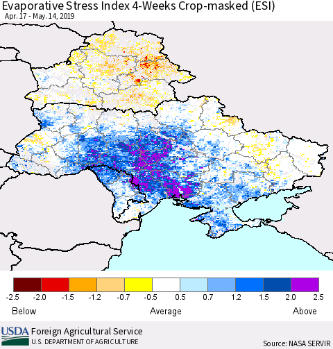 Ukraine, Moldova and Belarus Evaporative Stress Index (ESI), 4-Weeks over Croplands Thematic Map For 5/13/2019 - 5/19/2019