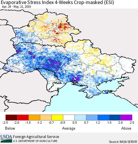Ukraine, Moldova and Belarus Evaporative Stress Index (ESI), 4-Weeks over Croplands Thematic Map For 5/20/2019 - 5/26/2019
