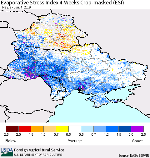 Ukraine, Moldova and Belarus Evaporative Stress Index (ESI), 4-Weeks over Croplands Thematic Map For 6/3/2019 - 6/9/2019