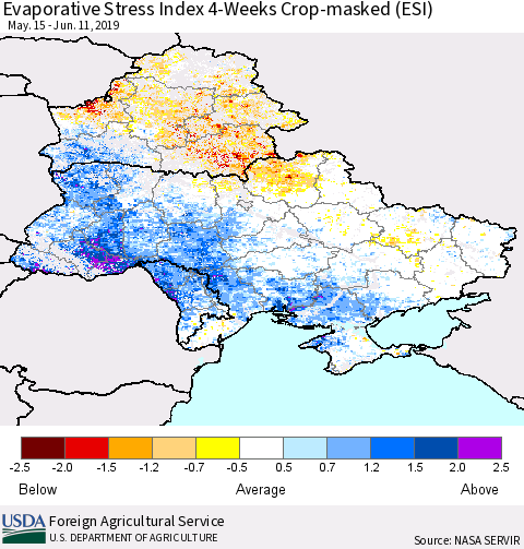 Ukraine, Moldova and Belarus Evaporative Stress Index (ESI), 4-Weeks over Croplands Thematic Map For 6/10/2019 - 6/16/2019