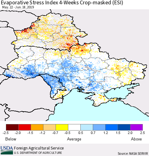 Ukraine, Moldova and Belarus Evaporative Stress Index (ESI), 4-Weeks over Croplands Thematic Map For 6/17/2019 - 6/23/2019