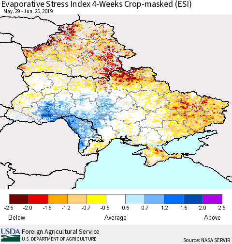 Ukraine, Moldova and Belarus Evaporative Stress Index (ESI), 4-Weeks over Croplands Thematic Map For 6/24/2019 - 6/30/2019