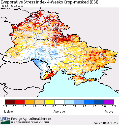 Ukraine, Moldova and Belarus Evaporative Stress Index (ESI), 4-Weeks over Croplands Thematic Map For 7/1/2019 - 7/7/2019
