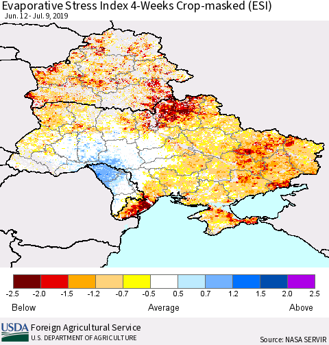 Ukraine, Moldova and Belarus Evaporative Stress Index (ESI), 4-Weeks over Croplands Thematic Map For 7/8/2019 - 7/14/2019