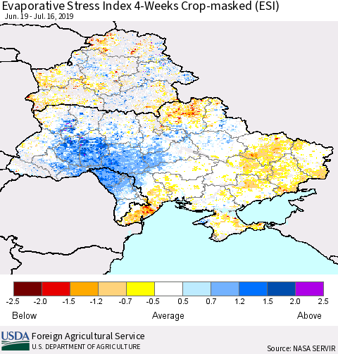 Ukraine, Moldova and Belarus Evaporative Stress Index (ESI), 4-Weeks over Croplands Thematic Map For 7/15/2019 - 7/21/2019
