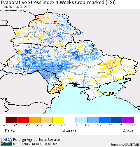 Ukraine, Moldova and Belarus Evaporative Stress Index (ESI), 4-Weeks over Croplands Thematic Map For 7/22/2019 - 7/28/2019