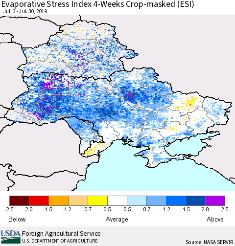 Ukraine, Moldova and Belarus Evaporative Stress Index (ESI), 4-Weeks over Croplands Thematic Map For 7/29/2019 - 8/4/2019