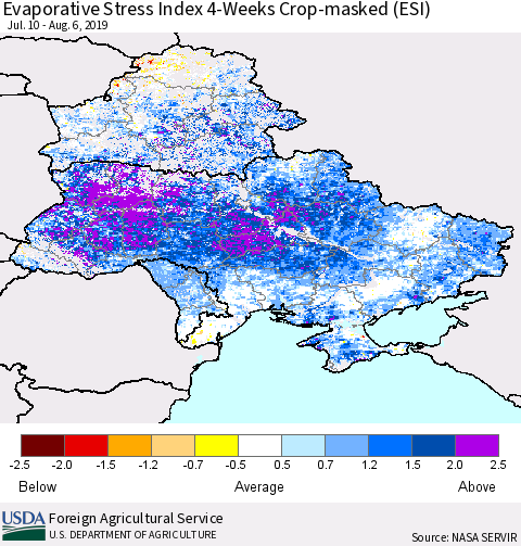 Ukraine, Moldova and Belarus Evaporative Stress Index (ESI), 4-Weeks over Croplands Thematic Map For 8/5/2019 - 8/11/2019