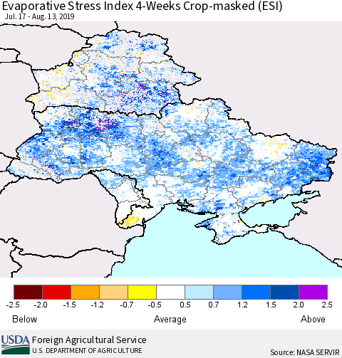 Ukraine, Moldova and Belarus Evaporative Stress Index (ESI), 4-Weeks over Croplands Thematic Map For 8/12/2019 - 8/18/2019