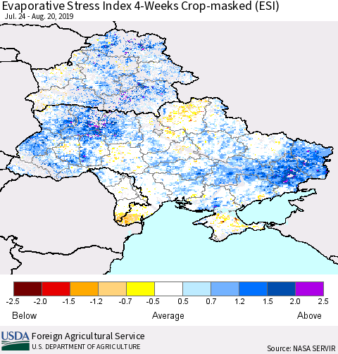 Ukraine, Moldova and Belarus Evaporative Stress Index (ESI), 4-Weeks over Croplands Thematic Map For 8/19/2019 - 8/25/2019