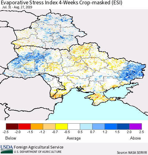 Ukraine, Moldova and Belarus Evaporative Stress Index (ESI), 4-Weeks over Croplands Thematic Map For 8/26/2019 - 9/1/2019