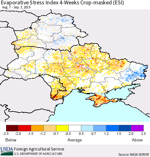Ukraine, Moldova and Belarus Evaporative Stress Index (ESI), 4-Weeks over Croplands Thematic Map For 9/2/2019 - 9/8/2019