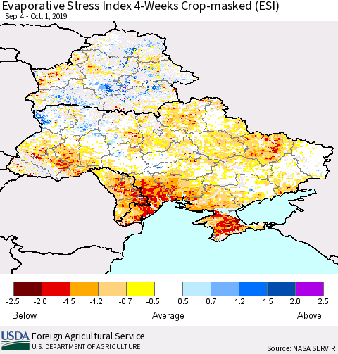 Ukraine, Moldova and Belarus Evaporative Stress Index (ESI), 4-Weeks over Croplands Thematic Map For 9/30/2019 - 10/6/2019