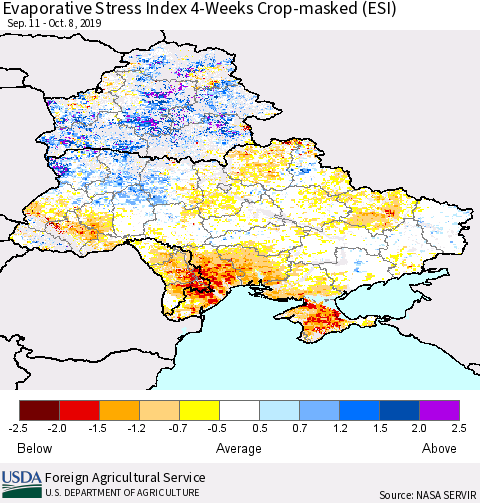 Ukraine, Moldova and Belarus Evaporative Stress Index (ESI), 4-Weeks over Croplands Thematic Map For 10/7/2019 - 10/13/2019