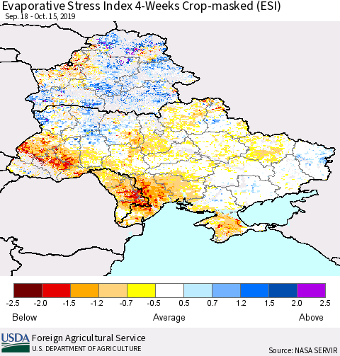 Ukraine, Moldova and Belarus Evaporative Stress Index (ESI), 4-Weeks over Croplands Thematic Map For 10/14/2019 - 10/20/2019