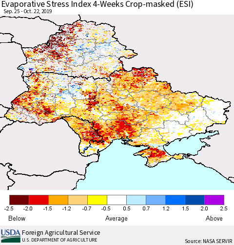 Ukraine, Moldova and Belarus Evaporative Stress Index (ESI), 4-Weeks over Croplands Thematic Map For 10/21/2019 - 10/27/2019